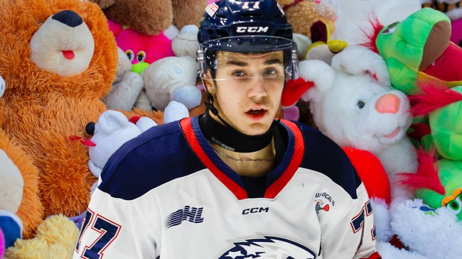 OHL player Michael Misa over stuffed animals