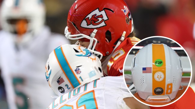 Patrick Mahomes pictured next to a helmet worn by Nico Iamaleava.