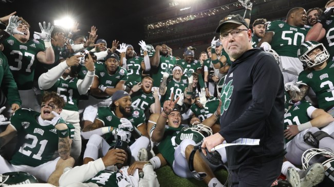 The Ohio Bobcats football team celebrates a bowl win.