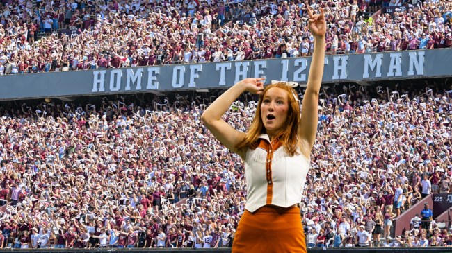 A Texas cheerleader pictured over a background of Kyle Field.