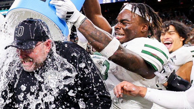 Ohio players pour water on coach Tim Albin