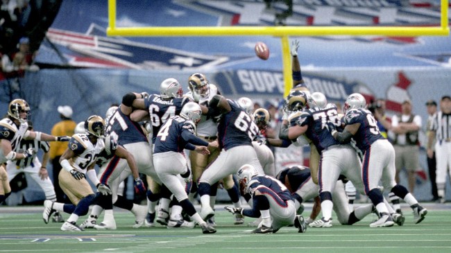 Adam Vinatieri kicking a field goal in Super Bowl XXXVI