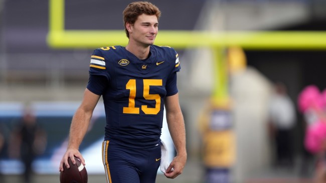 Cal QB Fernando Mendoza walks onto the field before a game.