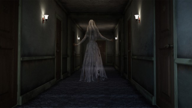 Ghostly figure of woman in wedding dress floating along hotel hallway