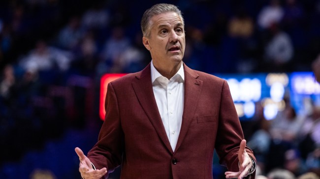 Arkansas basketball coach John Calipari reacts on the bench.