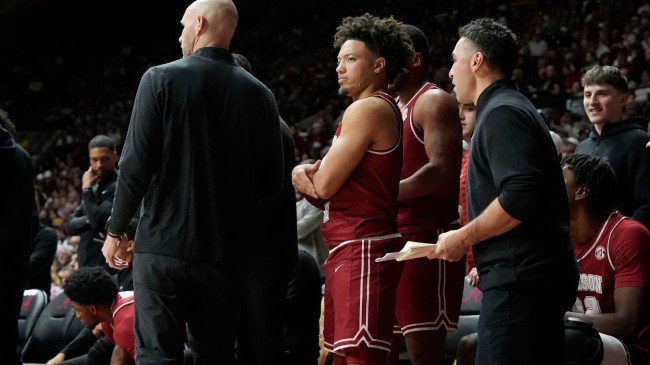 Alabama basketball player Mark Sears on the bench.