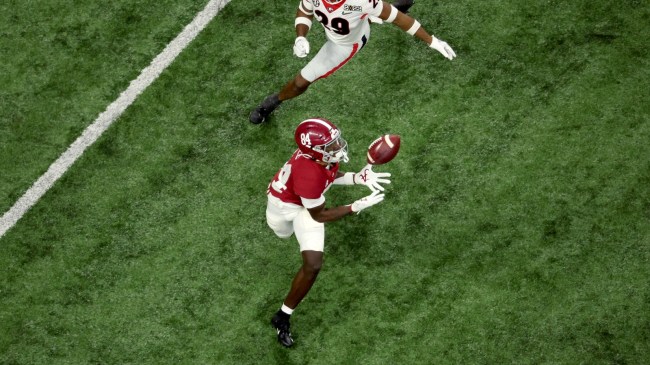 Alabama WR Agiye Hall catches a pass vs. Georgia.