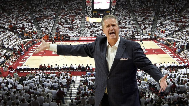 Arkansas basketball coach John Calipari pictured over an image of Bud Walton Arena.