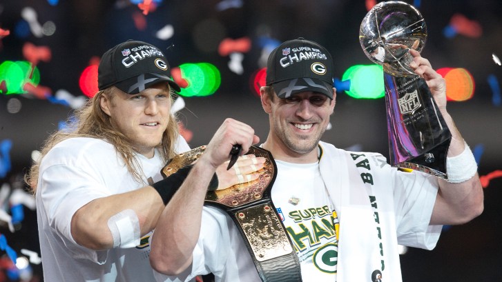 Clay Matthews and Aaron Rodgers with Lombardi Trophy