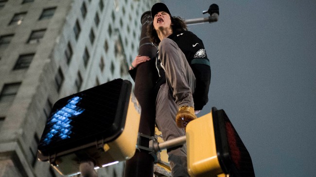Eagles fan on traffic light pole