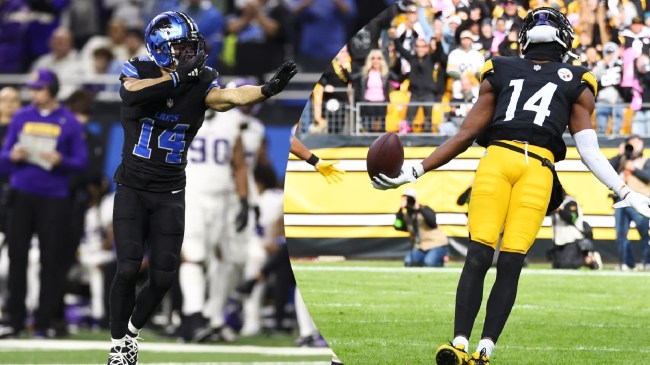 Detroit Lions WR Amon-Ra St. Brown pictured beside Steelers WR George Pickens.