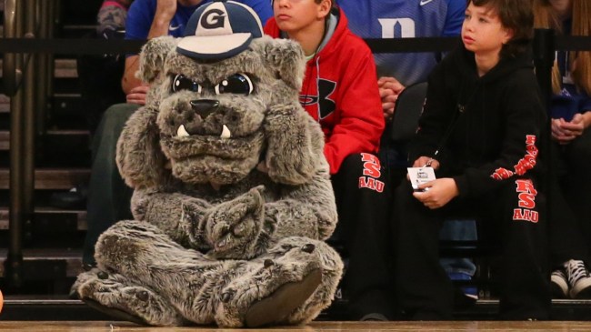 The Georgetown Hoyas mascot sits on the sidelines during a basketball game.