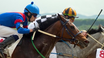 Horse Jockey In Hot Water For Repeatedly Whipping A Rival With His Riding Crop During A Race (Video)