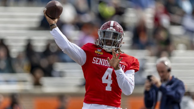 Alabama QB Jalen Milroe throws at the Senior Bowl.