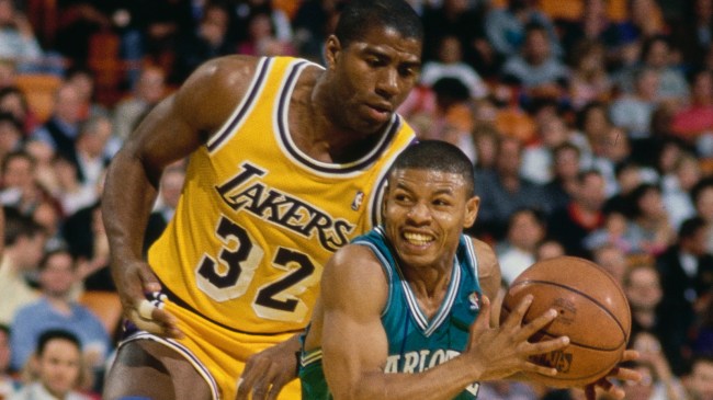 Magic Johnson guarding Muggsy Bogues