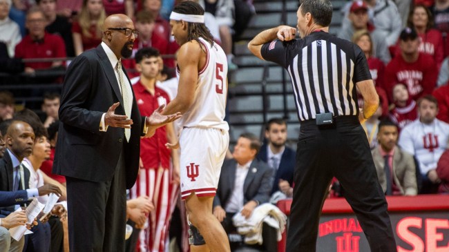 Indiana basketball coach Mike Woodson reacts to a call.