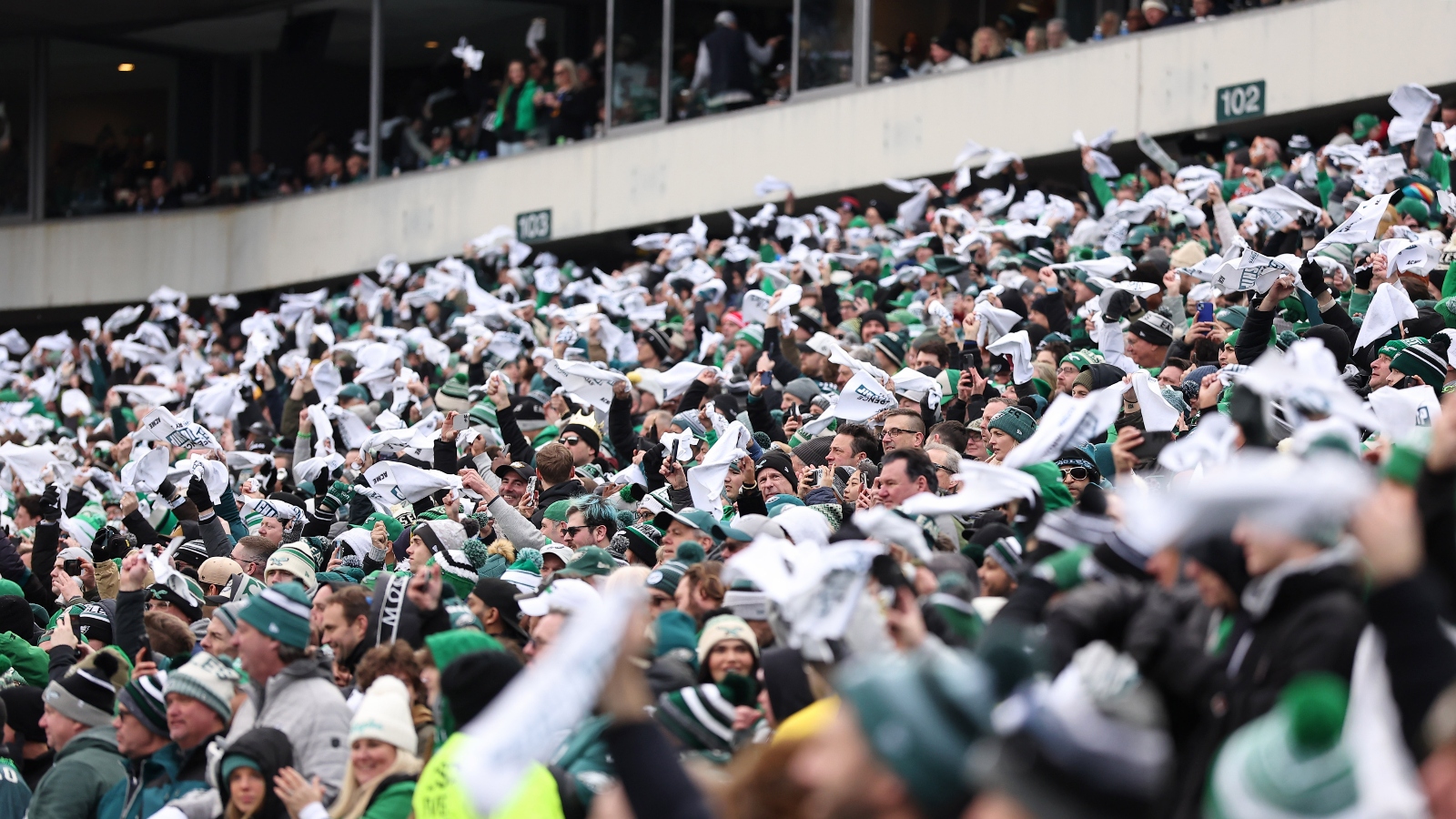 Jan 26, 2025; Philadelphia, PA, USA; Philadelphia Eagles fans cheer before the NFC Championship game at Lincoln Financial Field.