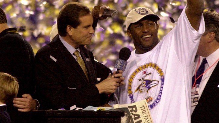 Ray Lewis celebrates Ravens Super Bowl win