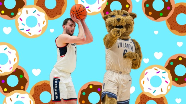 UConn guard Alex Karaban pictured beside the Villanova basketball mascot.