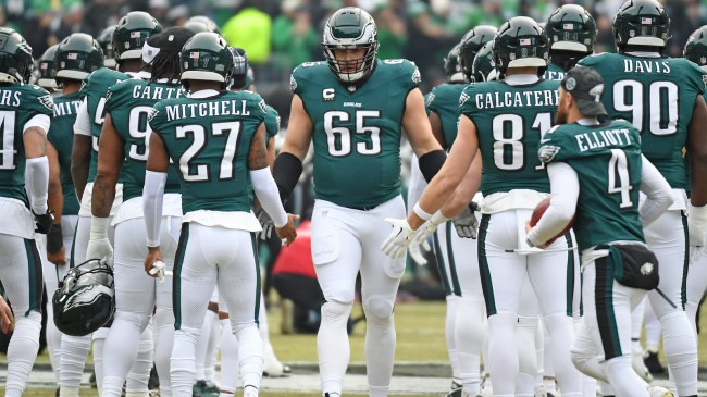 Jan 26, 2025; Philadelphia, PA, USA; Philadelphia Eagles offensive tackle Lane Johnson (65) during the player introductions against the Washington Commanders in the NFC Championship game at Lincoln Financial Field. Mandatory Credit: Eric Hartline-Imagn Images