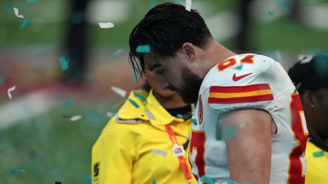 Feb 9, 2025; New Orleans, LA, USA; Kansas City Chiefs tight end Travis Kelce (87) reacts after the losing to the Philadelphia Eagles in Super Bowl LIX at Caesars Superdome. Mandatory Credit: Kirby Lee-Imagn Images