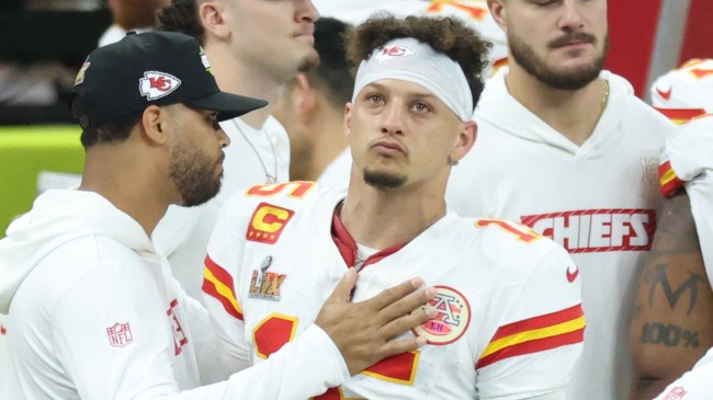 Patrick Mahomes reacts on the sidelines in Super Bowl LIX