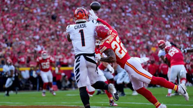 Kansas City Chiefs cornerback Trent McDuffie (22) breaks up a pass intended for Cincinnati Bengals wide receiver Ja'Marr Chase (1) in the first quarter of the NFL Week 2 game between the Kansas City Chiefs and the Cincinnati Bengals at Arrowhead Stadium in Kansas City on Sunday, Sept. 15, 2024. The Bengals led 16-10 at halftime.