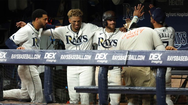 Tampa Bay Rays players in dugout at Tropicana Field