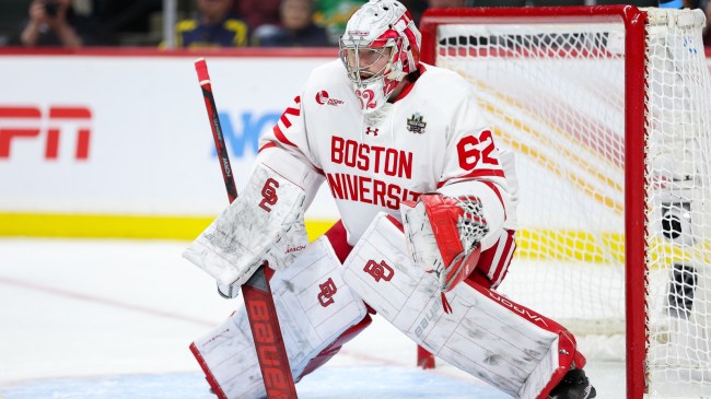 Boston goalie Mathieu Caron in the net during the Frozen Four.