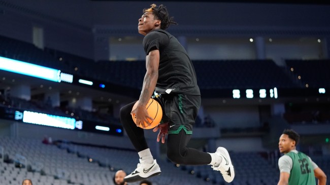 Norfolk State basketball player Christian Ings dunks during warm-ups.