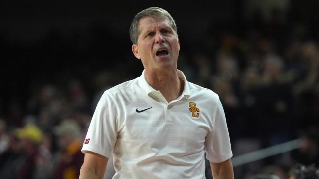 USC basketball coach Eric Musselman reacts on the sidelines.