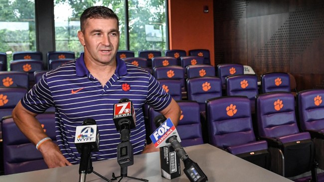 Clemson baseball coach Erik Bakich speaks to the media.
