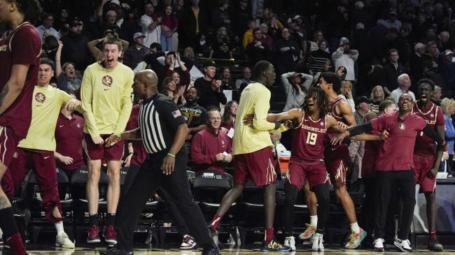 The Florida State basketball team reacts on the bench.