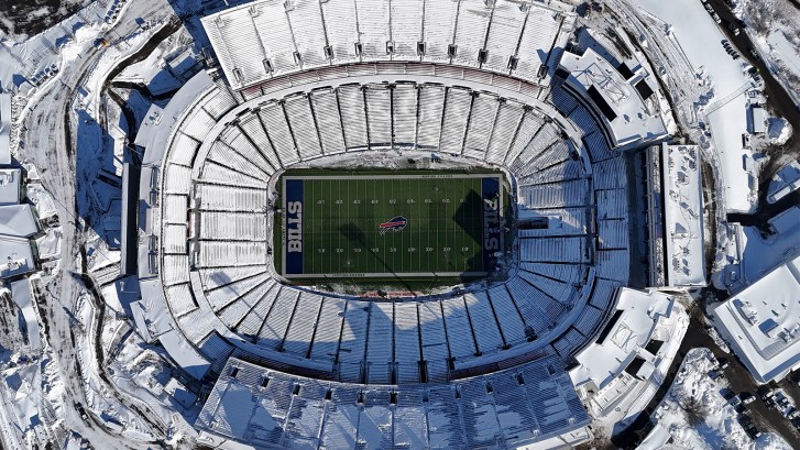 aerial view of Highmark Stadium after snow storm