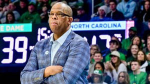 North Carolina basketball coach Hubert Davis on the sidelines.