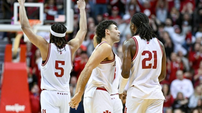 Indiana basketball players celebrate vs. Michigan.