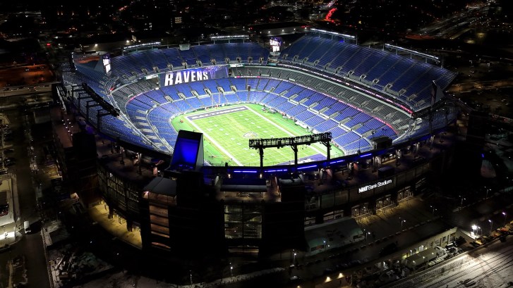 aerial view of M&T Bank Stadium at night