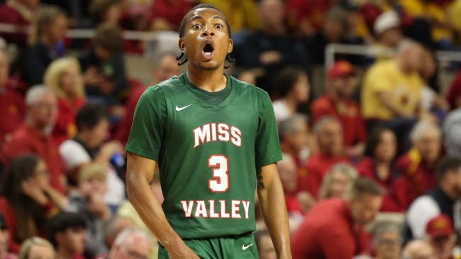 A Mississippi Valley State basketball player reacts on the court.