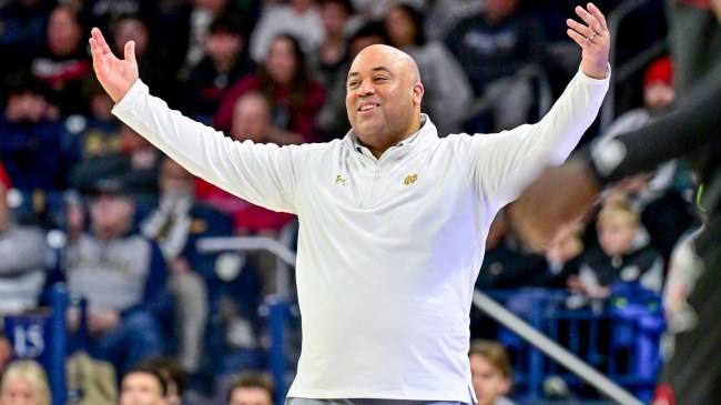 Notre Dame basketball coach Micah Shrewsberry reacts on the sidelines.
