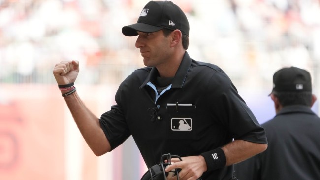 MLB umpire Pat Hoberg signals a call.
