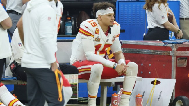 Kansas City Chiefs QB Patrick Mahomes on the bench during Super Bowl 59.