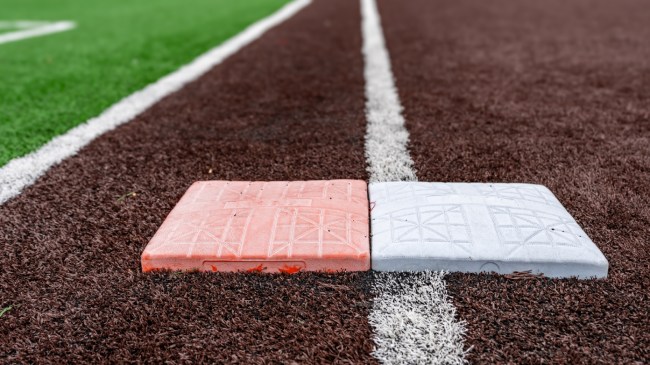 A view of first base on a baseball diamond.