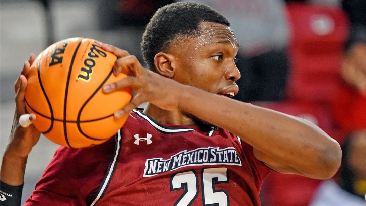 New Mexico State basketball player Emmanuel Tshimanga