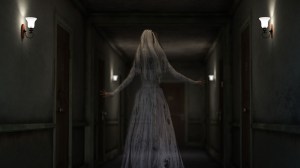 Ghostly figure of woman in hotel hallway