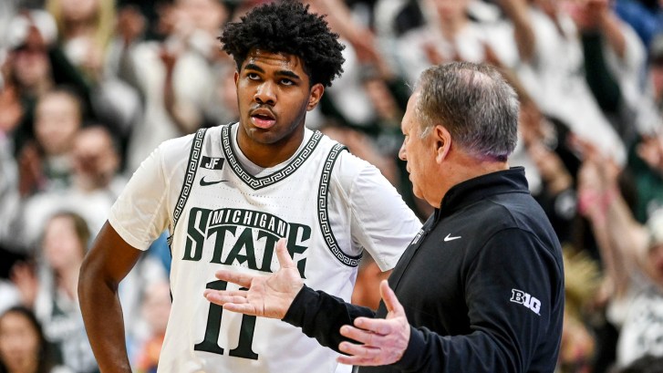 Jase Richardson and Tom Izzo during Michigan State basketball game