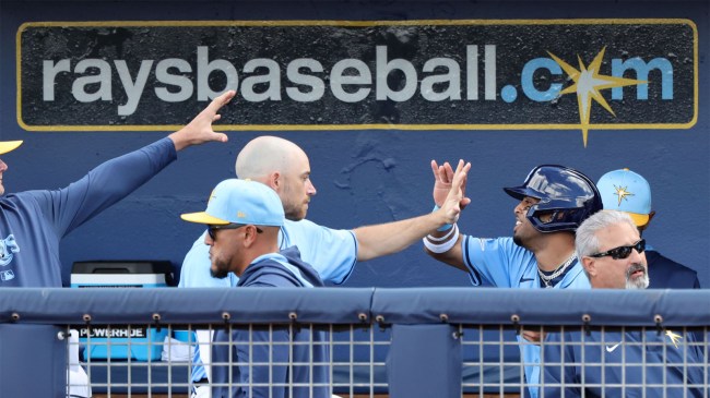 Tampa Bay Rays celebrate in the dugout