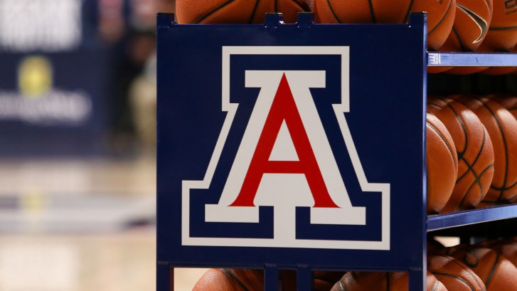 Arizona logo on rack of basketballs