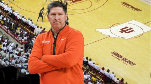 Clemson basketball coach Brad Brownell pictured over a background of Assembly Hall at Indiana.