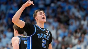 Cooper Flagg celebrates during a game between Duke and North Carolina.