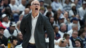 UConn basketball coach Dan Hurley yells from the sidelines.